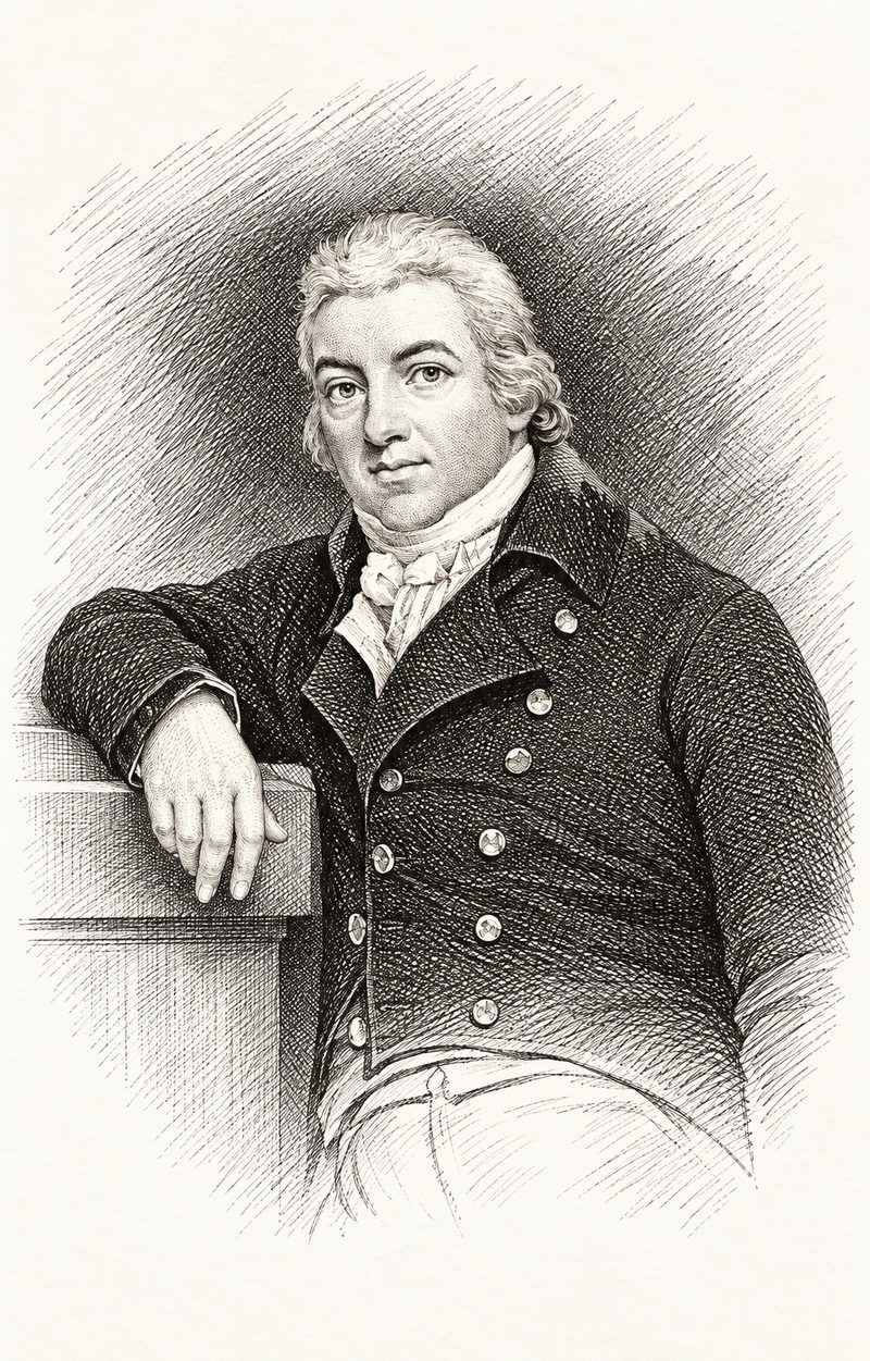Federzeichnung von Dr. Edward Jenner, sitzend, in zweireihigem Rock mit hohem Kragen und Halstuch, einen Arm auf einen Steinsims gestützt